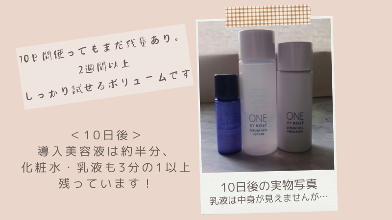 「うるおい体感キット」3品の10日間使ってもまだ残量がある私物画像