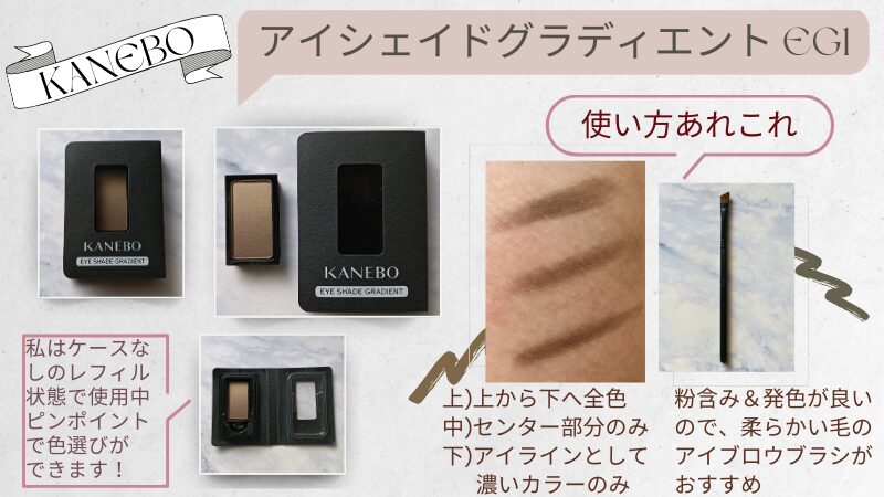KANEBO「アイシェイドグラディエント EG-1」の私物写真と発色スウォッチ