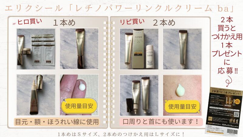 ELIXIR レチノパワー リンクルクリーム b」の1本め・Sサイズ本体と2本め・Lサイズつけかえ用の私物画像&使用範囲による使用量目安の違い画像
