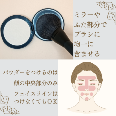 パウダーをブラシに均一に含ませて顔の中央のみにつける説明画像