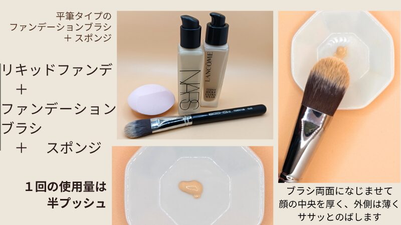 ランコム「タンイドル ウルトラ ウェア リキッド N」・NARS「ナチュラル ロングウェア ファンデーション」・EIGSHOW ファンデーションブラシ フラットな舌の形 (F615)」の私物＆1回の使用量・半顔分をブラシに含ませた画像
