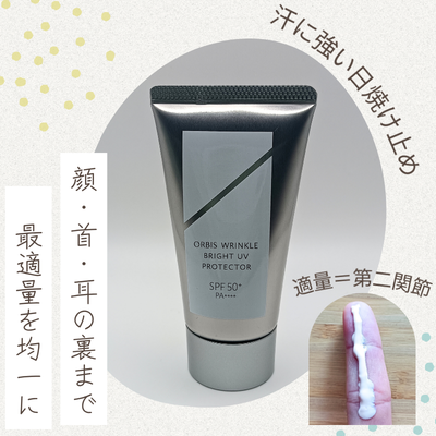 オルビス「リンクルブライトUVプロテクター N」の実際使用中の商品画像と1回分の使用量