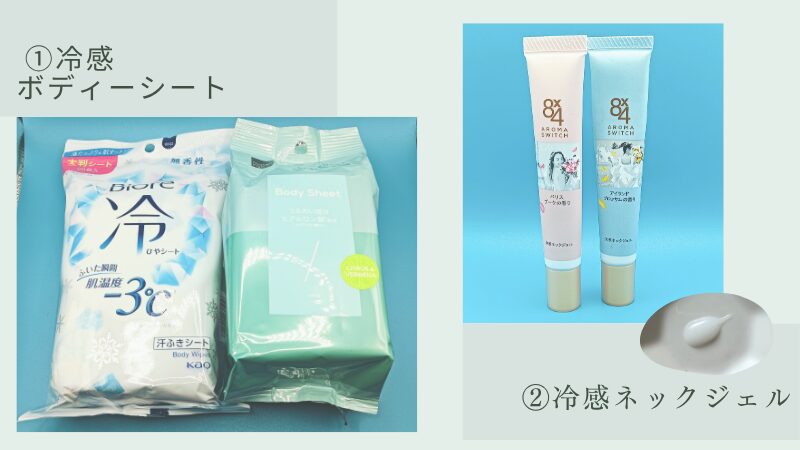 外出時に持ち歩く冷ボディシート＆クーリングネックジェルの実際使用中の私物画像